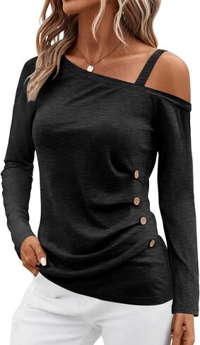 Womens Off Shoulder Tops Asymmetrical One Shoulder Shirts Long Sleeve Button Ruched Blouses in Saudi Arabia