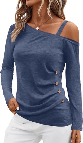 Womens Off Shoulder Tops Asymmetrical One Shoulder Shirts Long Sleeve Button Ruched Blouses in Saudi Arabia