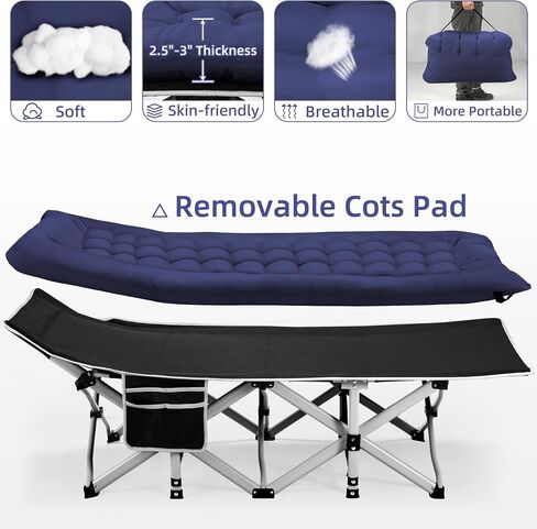 Fragess Portable Camping Cot, Sleeping Cot for Adult, 28" Extra Wide Heavy Duty Folding Cot Max Load 600LBS with Thick Mattress, Portable Camping Bed for Camp Outdoor/Office, Home Nap (Blue) in Kuwait