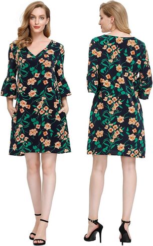 BUENOS NINOS Dresses for Womens Summer Bell Sleeve V-Neck Shift Dress Mini Dress in Kuwait