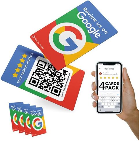 Reusable Review Tap Card for Google Reviews - 4-Cards Pack - QR & Tap NFC Review Card - Review Us on Google Tap Card - iPhone & Android - Boost my Reviews Card - Set Up at Home | by MESSAGENES in Saudi Arabia