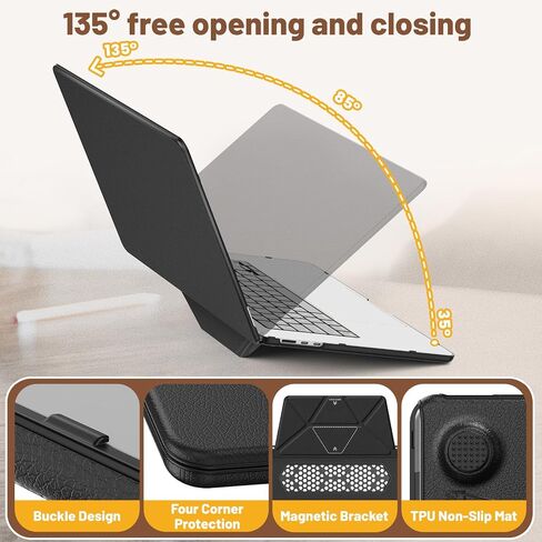 حافظة لجهاز ماك بوك اير 13.6 بوصة M3 A3113 M2 A2681 2024 2022، حامل قابل للطي ووسادة ماوس وحقيبة وبلاستيك مضاد للانزلاق + جلد بولي يوريثان غطاء حماية صلب 2 في 1 لجهاز ماك بوك اير 13.6 بوصة (أسود) in Saudi Arabia
