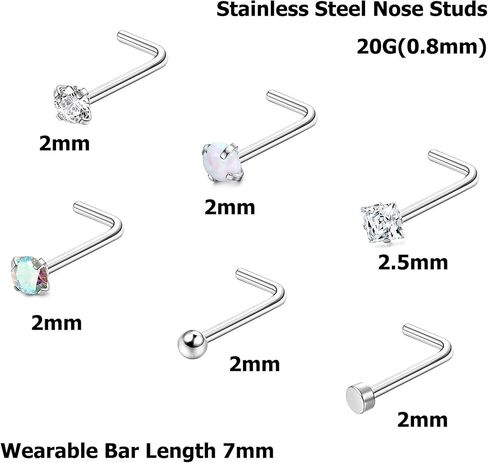 6-15 قطعة حلقات الأنف للنساء والرجال 316L الفولاذ المقاوم للصدأ ثقب الأنف مجوهرات مستقيمة على شكل حرف L مجموعة أزرار الأنف الفضية والذهبية (Silver-6Pcs) in Kuwait
