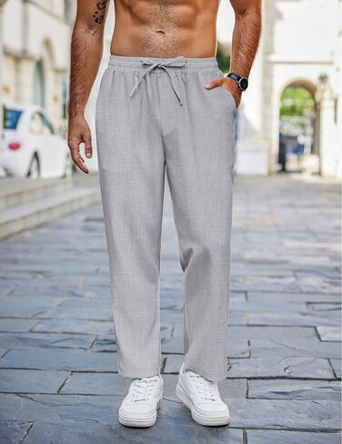 COOFANDY Mens Casual Pants Lightweight Drawstring Beach Pants Elastic Waist Linen Cropped Pants in Saudi Arabia