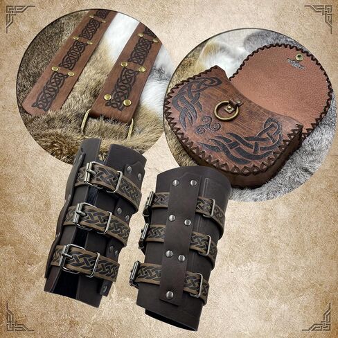 3PCs Medieval Costume Accessories, Vintage Embossed belt with Buckle Arm Guards and Viking Belt Bag for Ren Faire in Saudi Arabia