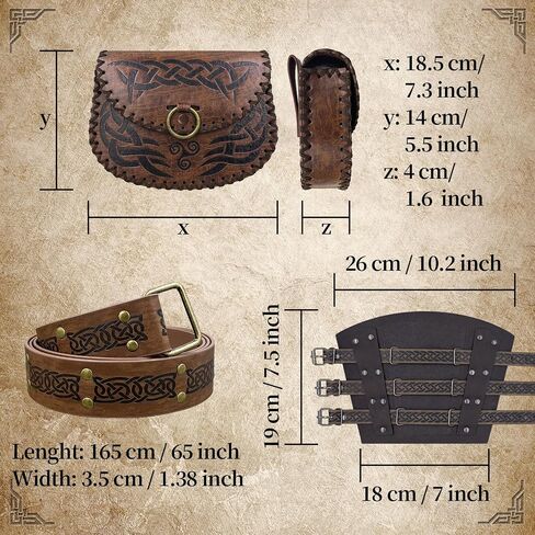 3PCs Medieval Costume Accessories, Vintage Embossed belt with Buckle Arm Guards and Viking Belt Bag for Ren Faire in Saudi Arabia