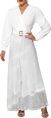 VERWIN Sequins Jumpsuit for Women Long Sleeve Sparkly Jumper V Neck Belted Wide Leg Pants Sets Evening Party Jumpsuit in Kuwait