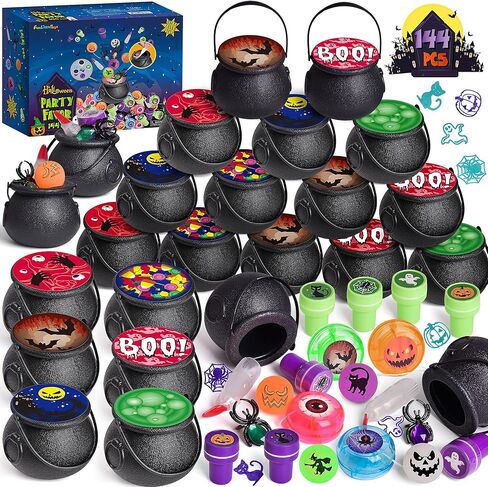 FUN LITTLE TOYS 24 Pack Prefilled Mini Plastic Witch Cauldron, Trick or Treat Toys in Bulk Small Halloween Buckets Pinata Prizes Gifts for Kids in Kuwait