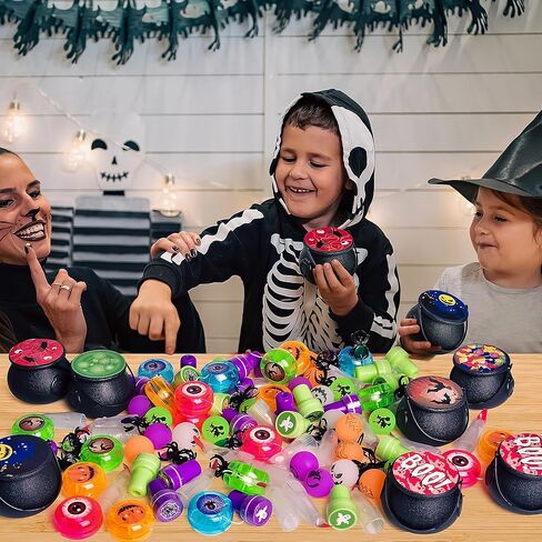 FUN LITTLE TOYS 24 Pack Prefilled Mini Plastic Witch Cauldron, Trick or Treat Toys in Bulk Small Halloween Buckets Pinata Prizes Gifts for Kids in Kuwait