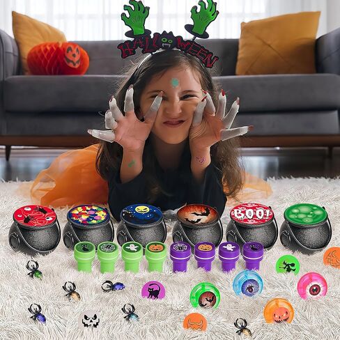 FUN LITTLE TOYS 24 Pack Prefilled Mini Plastic Witch Cauldron, Trick or Treat Toys in Bulk Small Halloween Buckets Pinata Prizes Gifts for Kids in Kuwait