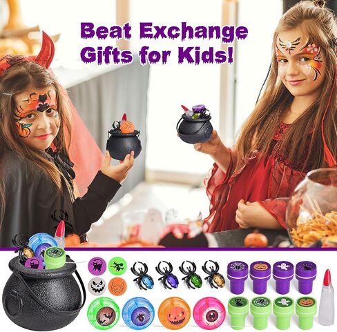 FUN LITTLE TOYS 24 Pack Prefilled Mini Plastic Witch Cauldron, Trick or Treat Toys in Bulk Small Halloween Buckets Pinata Prizes Gifts for Kids in Kuwait