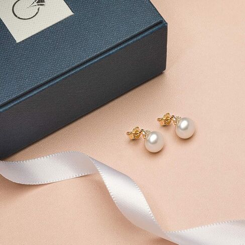 Peora Freshwater Cultured White Pearl Stud Earrings in 14K Yellow Gold, Round Button Shape, 8mm Heirloom Solitaire, Friction Backs in Saudi Arabia