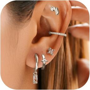 5 Pairs Sterling Silver Stud Hoop Earrings for Women Teens Dainty 14k Gold Dainty Earrings 925 Sterling Silver Cartilage Earrings Stud Earrings Huggie Earrings Set for Multiple Piercing Small Hoop Earrings Stacks