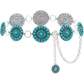 Boho Turquoise Concho Belt Silver Metal Western Turquoise Belts Waist Chain Belt for Women Dress