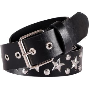 Womens Studded Leather Belt with Detachable Chain Punk Belt Chain Grommet Waist Belts for Jeans Pants