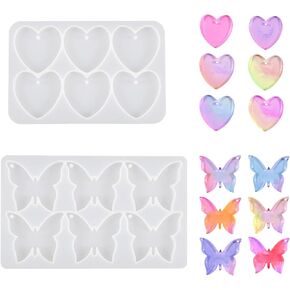 2 Pack Butterfly Heart Silicone Molds, 6 Grids Butterfly Resin Molds with Holes, Keychain Pendant Molds Heart Shape Epoxy Resin Mold for DIY Crafts Jewelry Making (A)