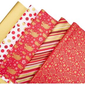PAPER FAIR 100 Sheet Gold Red Tissue Paper Bulk for Gift Bags, Mixed Pattern Lantern, Dragon Head, Polka Dots,Diagonal Stripes Blending Wrapping Paper, for Spring Festival Chinese New Year Decorations