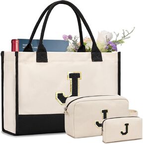Initial Canvas Tote Bag, Birthday Gifts For Women, Monogram Personalized Gifts For Women Mom Teachers Bridesmaids Wife (Black Gold-J)