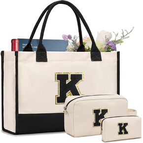 Initial Canvas Tote Bag, Birthday Gifts For Women, Monogram Personalized Gifts For Women Mom Teachers Bridesmaids Wife (Black-K)