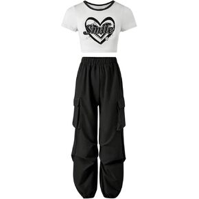 Floerns Girl's 2 Piece Outfits Short Sleeve Crop Top Tee with Cargo Pants Set