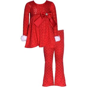 مجموعة بنطال Bonnie Jean Girls 2T-6X Red Foil Dot Knit لعيد الميلاد المجيد سانتا