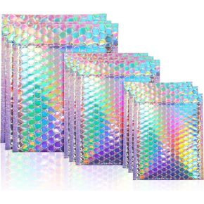 100 Pack Metallic Bubble Mailers 3 Sizes Holographic Padded Bubble Rainbow Poly Bubble Mailers Foil Bubble Padded Envelopes Adhesive Seal Closure Envelopes Shipping Bags for Mailing Packing