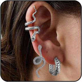 3pcs Snake Earrings for Women, Silver Snake Earrings Set, 14K Gold Snake Ear Cuff,Vintage Snake Accessories for Women Punk Snake Jewelry