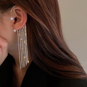 Jumwrit Rhinestone Tassel Earrings Ear Cuff Wrap Crawler Earrings Long Dangle Chain Earrings Non Piercing Ear Cuffs for Women Girls（Silver）