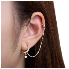 Boho Cz Moon Star Chain Cuff Earrings Crystal Crescent Stud Earrings Star Dangle Ear Clip Earrings Gold Northstar Ear Cuff Chain Earring Jewelry for Women and Girls