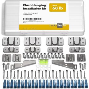 Heavy Duty Flush Installation Hanging Kit - Flush Mount Bracket Hangers, Interlocking Design, Screws, Sawtooth Frame Hangers,Level. Supports up to 60 lbs