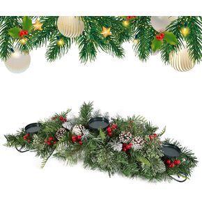 Christmas Candle Holders, Candle Holders with 3 Candle Wick Trays, Table Centerpiece Candle Holder with Artificial Pine Cones and Red Cherry, 30Inch