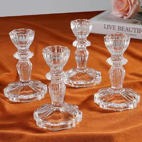 4" Tall Glass Candle Holder Set of 4 Glass Taper Candle Holders for Candlesticks Clear Crystal Glass Candlestick Holders Candle Sticks Holder Decor for Wedding, Birthday, Thanksgiving,Housewarming