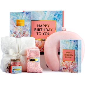 Women's Birthday Gift Basket - Happy Birthday Gift Basket For Her w/Memory Foam Pillow, Blanket, Candle, Socks, Journal, and Card - Curated Birthday Gift Set and Happy Birthday Gift Box for Women