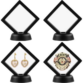 4Pcs 3D Floating Frame Display Holder Stands, Black Coins Display Frame for Ring Necklace Bracelet Earring Military Coin Challenge Coin, 4.33x4.33 inch