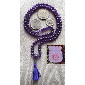 AMETHYST JAPA MALA 6 MM BEADS TOP GRADE PRAYER NECKLACE. BLESSED & ENERGIZED (108+1) HINDU TIBETAN BUDDHIST PRAYER KARMA BEADS SUBHA ROSARY MALA FOR NIRVANA, BHAKTI, FOR REMOVING INNER DOSHAS, FOR CHANTING AUM OM, FOR AWAKENING CHAKRAS, KUNDALINI THROUGH 