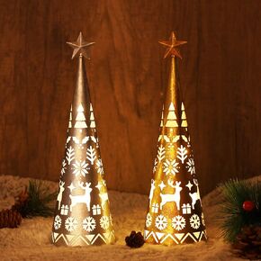 Juegoal 11.6 Inch Lighted Christmas Table Decorations with Star, Cone Shaped 10 LED Lights Battery Operated, Indoor Xmas Holiday Wedding Party Tabletop Desk Ornament, 2 Pack (Gold, Silver)