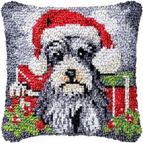 Schnauzer Christmas Dog Latch Hook Pillowcase Kits for Adults and Starter DIY Cushion Cross Stitch Latch Hook Rug Kits with Preprinted Canvas Crochet Yarn Kits Needlework Crafts 17'' X 17''