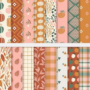 16 Sheet Boho Fall Pattern Paper 11.8 x 11.8 Inch Pumpkin Plaid Scrapbook Specialty Paper Colorful Double Sided Craft Paper For Autumn Thanksgiving DIY Card Making Photo Album Decor