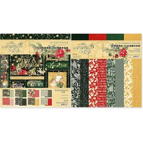 Graphic 45 Merry & Bright Collection Paper Pack and Patterns & Solids Pack - 12x12 Decorative Papers - 2 Items