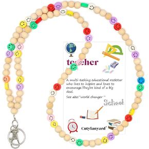 Lanyards for id Badges and Keys for Women Wood Beaded Lanyard for Teacher Gift (H)