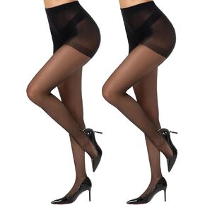 2 Pairs Black Sheer Tights for Women 15D Not Rip Control Top Pantyhose High Waist With Reinforced Toes