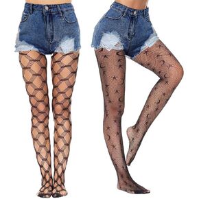 Lace Patterned Fishnet Stockings Moon Star Fishnet Stockings Pantyhose Party Leggings Waist High Pantyhose for Women 2 Pairs
