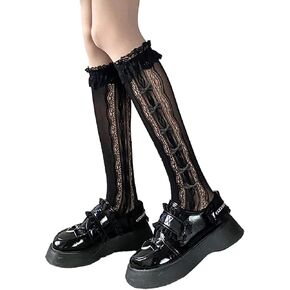 Triplewood Over the Calf Knee High Socks Y2K Socks with Bowknot Sheer Mesh Fishnet Stockings Sheer Tights