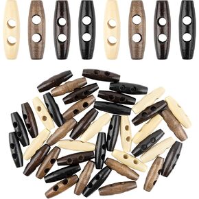 AUEAR, 40 Pack Olive Shape Buttons Wood Toggle Button 2 Holes for Sewing Craft 4 Colors, Beige, Brown, Coffee, Black