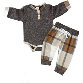 Tepuce Baby Boy Clothes Infant Toddler Boys Fall Winter Outfit Long Sleeve Plaid Romper + Pants Set 2Pcs
