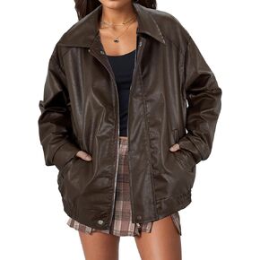Women's Oversized Faux Leather Jacket Bomber Pleather Jacket Long Sleeve Zip Up Moto Biker Coat