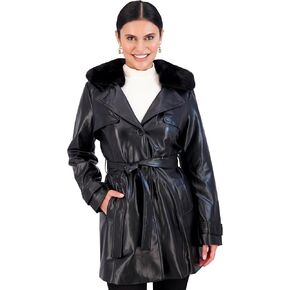 Vince Camuto Mid Length Trench Faux Leather Jacket for Women Trendy Leather Coat