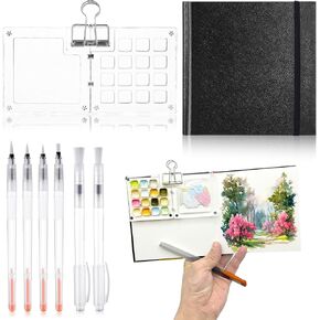Mini Portable Watercolor Palette Set Including Clear Acrylic 15 Grid Paint Box Watercolor Paper Pad Watercolor Sketch Book 6 Artist Paint Brushes with Binder Clips for Painters Artists