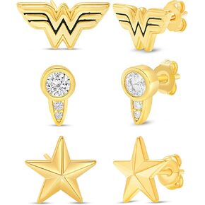 DC Comics Wonder Woman Stud Earrings Set, 3 Pairs, Flash Plated