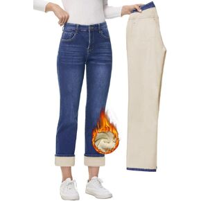 AMRSPENG Women's Fleece Lined Jeans Women Straight Leg Jeans Winter High Waisted Fleece Lined Denim Pants